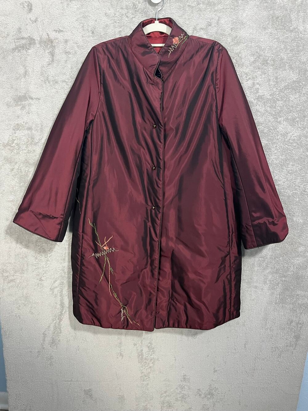 VTG Shiatzy Chen Coat Size 10 Silk Blend Asian Floral Embroidered Maroon
